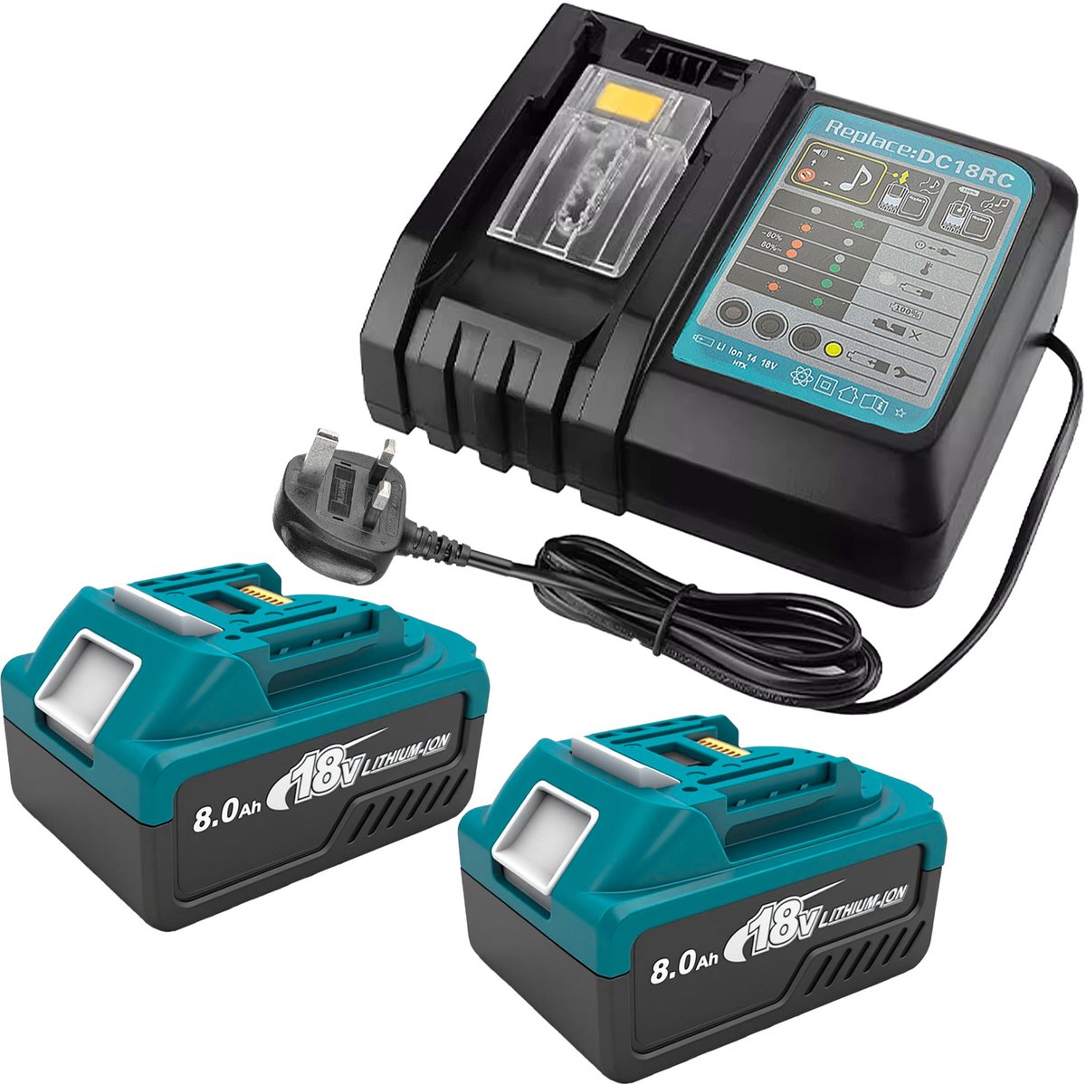Lithium-ion vervangingsaccu voor Makita 18V 8.0Ah, compatibel met LED-indicator BL1860 BL1820 1830B 1840B 1850B, 18V draadloos elektrisch gereedschap (8000mAh) 2 stuks met oplader