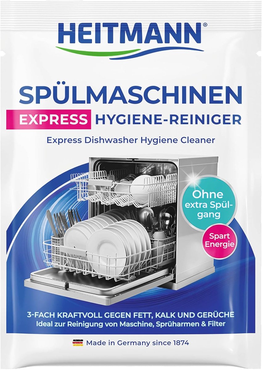 HEITMANN Express Vaatwasser Hygiënemiddel Drievoudig actief tegen vet, kalkaanslag en geurtjes | Werkt in korte programma's | Voor sproeiarmen en filters | 30 g