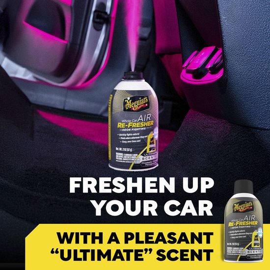 Meguiar's Whole Car Air Re-Fresher, 2 oz., spuitbus, in een auto-interieur.