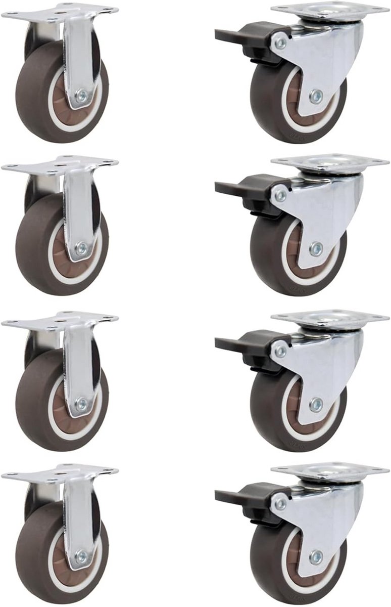 Stille Zwenkwielen met Rem Ø 25mm - Set van 8 - Rubber Zwenkwielen voor Meubels en Kasten