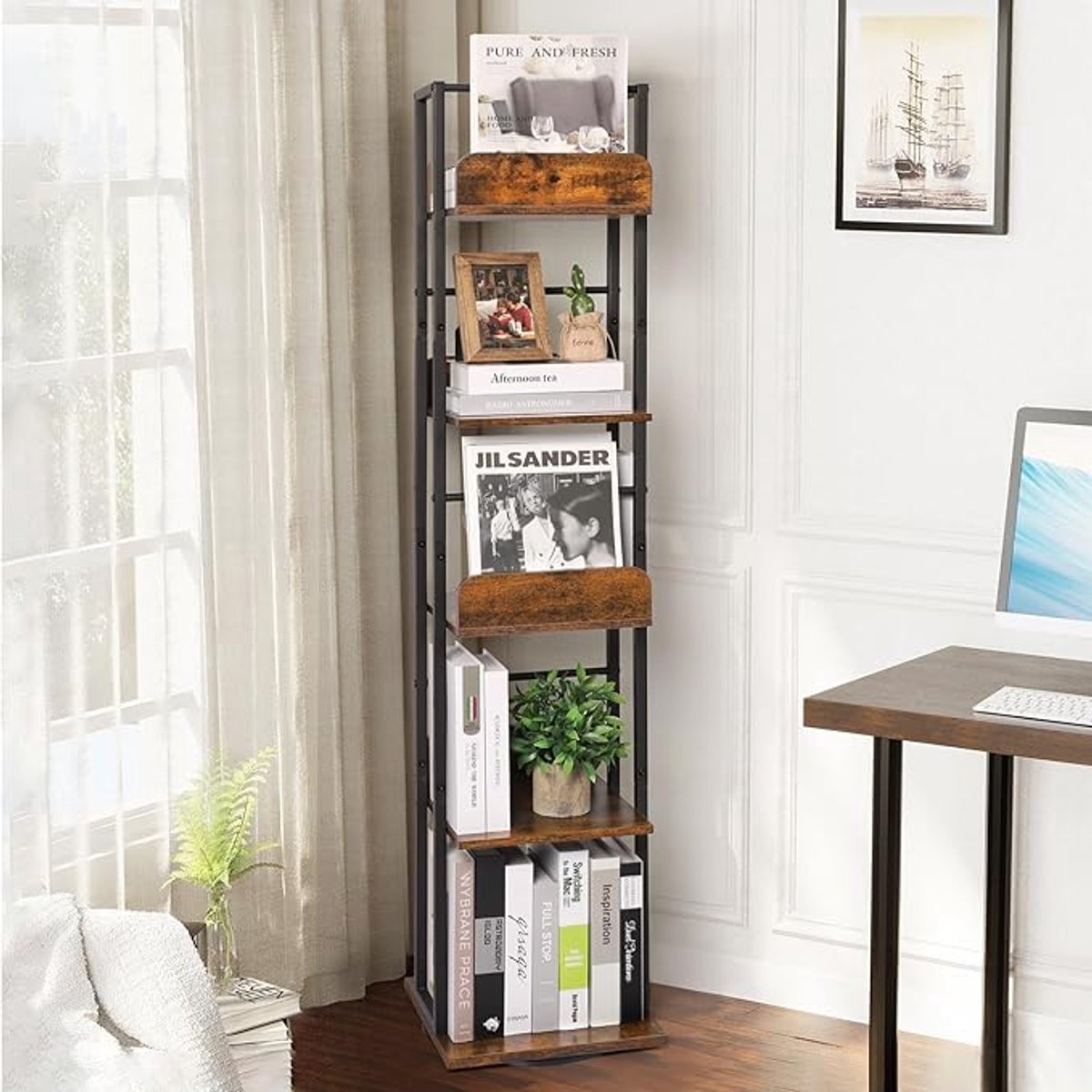 Azomor® 5-Laags Draaibare Boekenkast – 360° Roterende Hoekboekentoren – Industrieel Metaal & Hout – Smalle Staande Boekenplank – Zwart/Rustiek Bruin – 147 x 30 x 30 cm
