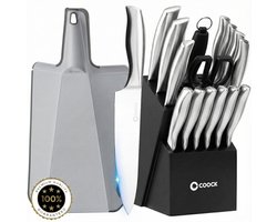 COOCK - Messenset met Blok en Vouwbare Snijplank - Keukenmessen met Schaar en Aanzetstaal (Messenslijper) - 17-Delige Keukengerei set in Messenblok – Met Krasbestendige Coating - Full RVS