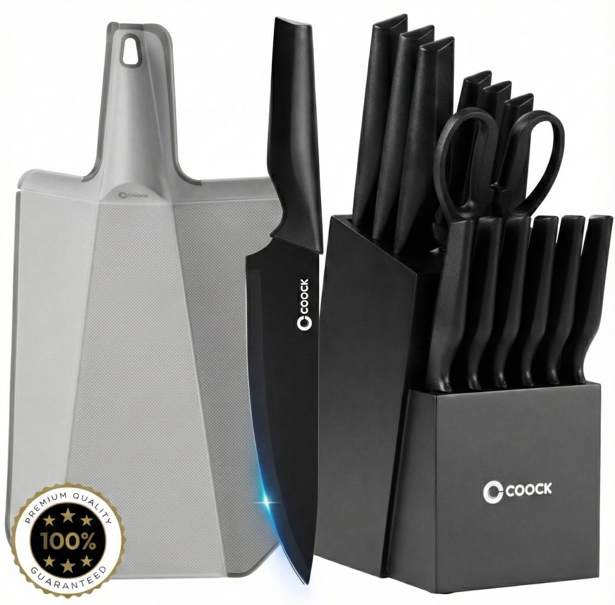 COOCK - Messenset met Blok en Vouwbare Snijplank – Keukenmessen - Schaar - Messenslijper – 15-Delige Keukengerei Set in Messenblok - RVS – Met ‘Non Stick’ Coating - Zwart