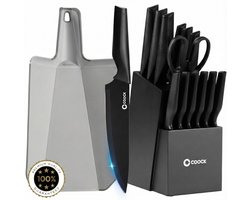 COOCK - Messenset met Blok en Vouwbare Snijplank – Keukenmessen - Schaar - Messenslijper – 15-Delige Keukengerei Set in Messenblok - RVS – Met ‘Non Stick’ Coating - Zwart