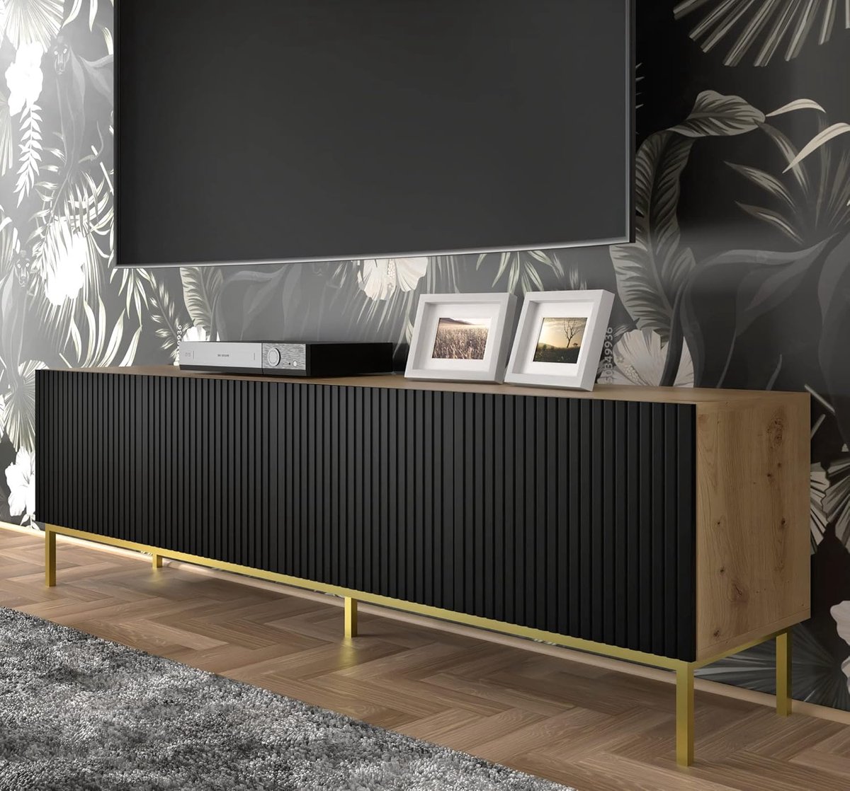 TV Lowboard 200 cm – Modern Dressoir met Push-to-Open MDF Fronten, Zwarte Metalen Poten, Opbergruimte voor TV en Hifi, Eiken Artisan / Mat Zwart – Abkantoor