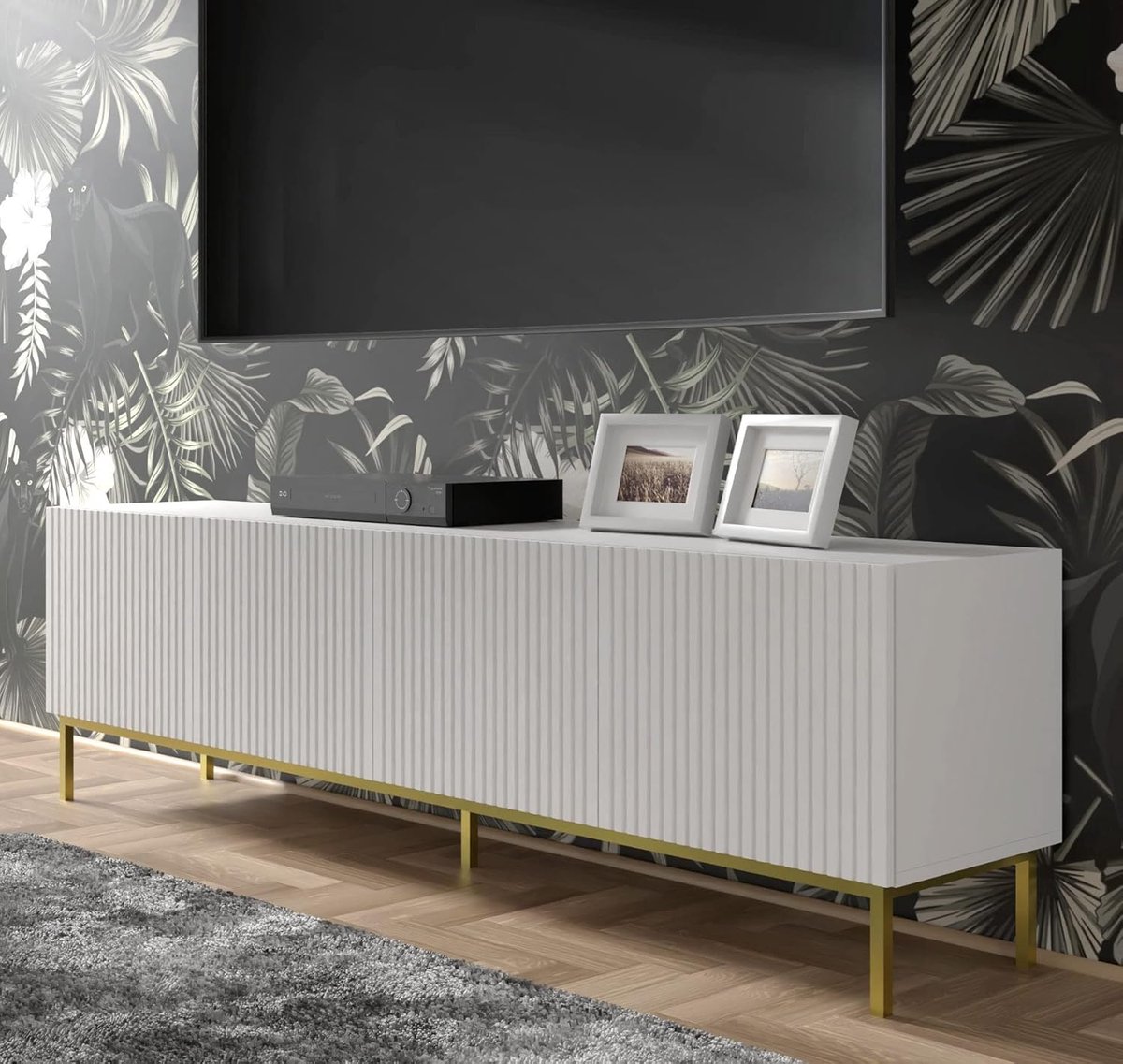 TV-meubel Lowboard 200 cm | Dressoir met MDF Fronten, Push-to-Open, Zwarte Metalen Poten, 4 Deuren & 4 Planken | Mat Wit, Modern Design | ABkantoor