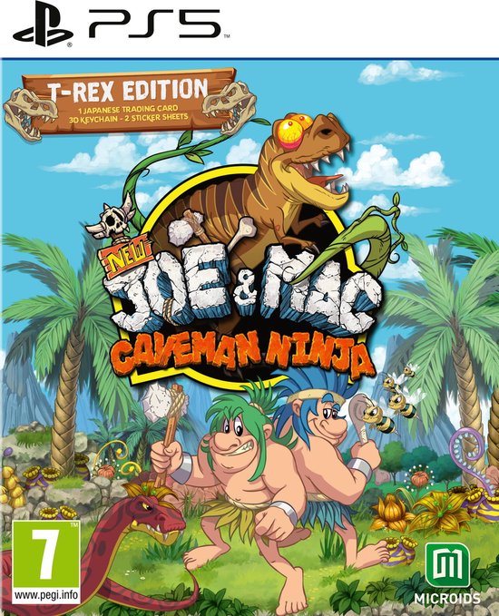 De cover van de PS5 game "New Joe & Mac: Caveman Ninja: T-Rex Edition". Twee cavemannen staan naast elkaar, met op de achtergrond een T-Rex, palmbomen en insecten. PEGI 7 rating.