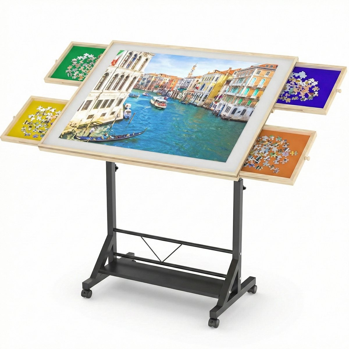 PiecePro Verstelbaar Puzzelbord met 4 Lades - 1500 Stukjes - Verplaatsbare Puzzeltafel met Opbergsysteem - 89 x 69 cm - Puzzelmat met Wieltjes - Portapuzzle - Puzzelplaat - Puzzelplank