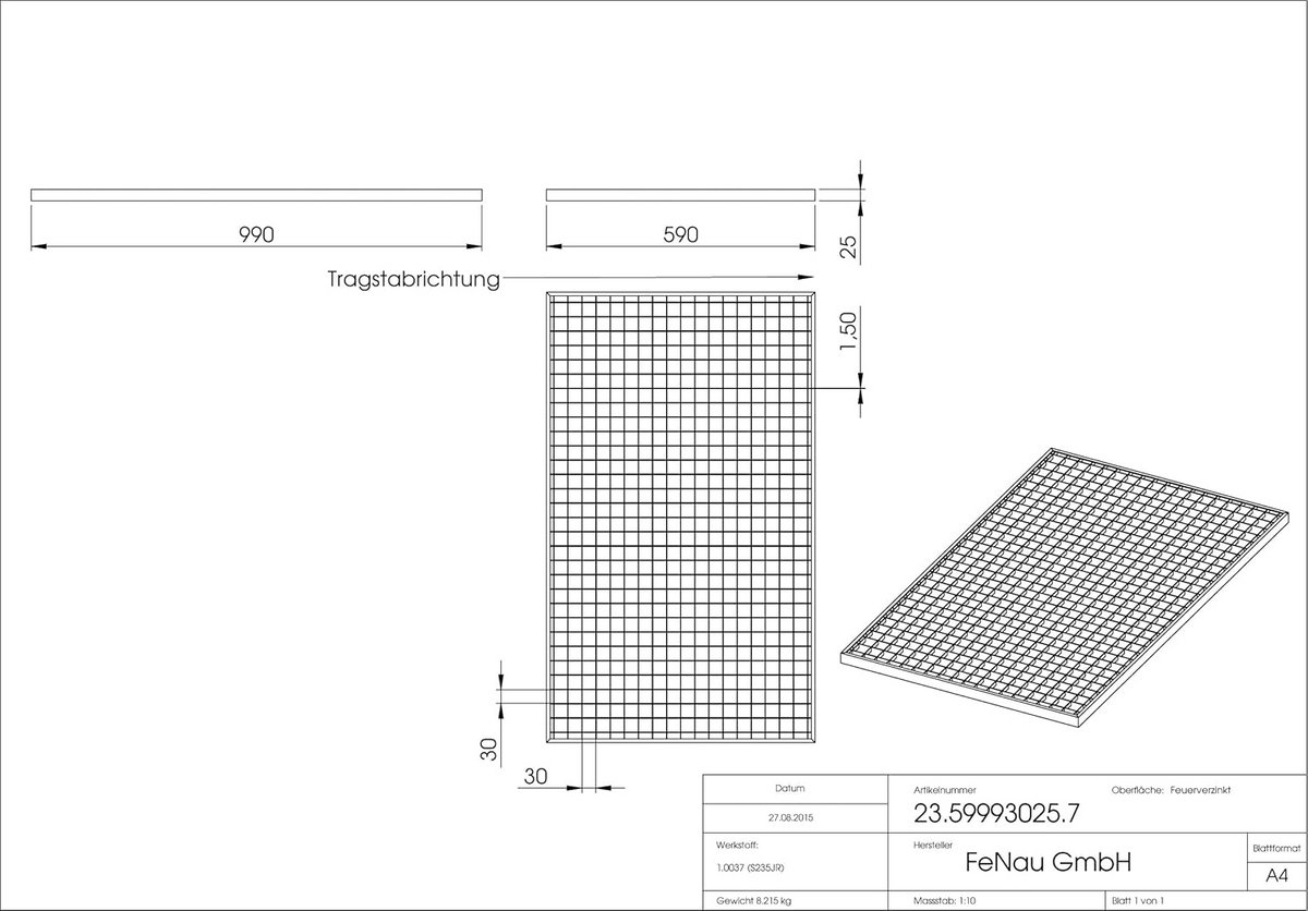 Gegalvaniseerd Rooster 590x990mm - Maaswijdte 30/30mm - Dakrooster voor Frame 600x1000mm
