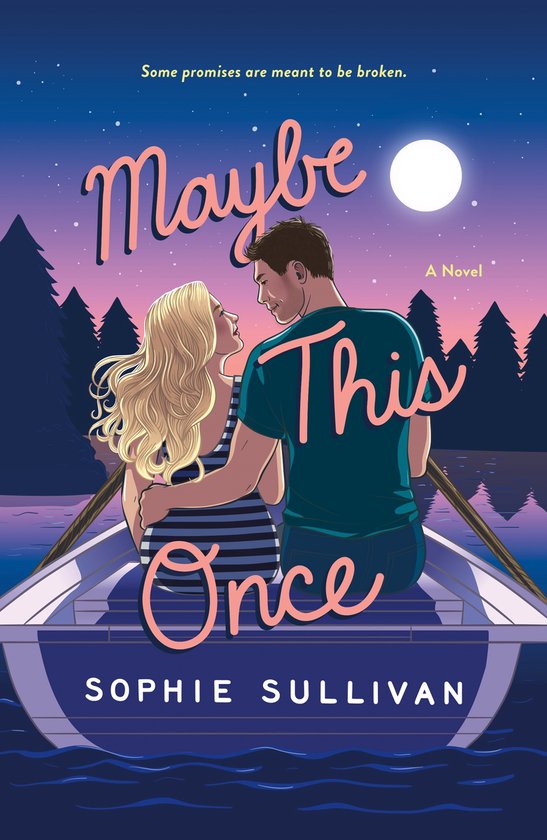 Boekcover met een stel in een roeiboot bij maanlicht. Titel: Maybe This Once.