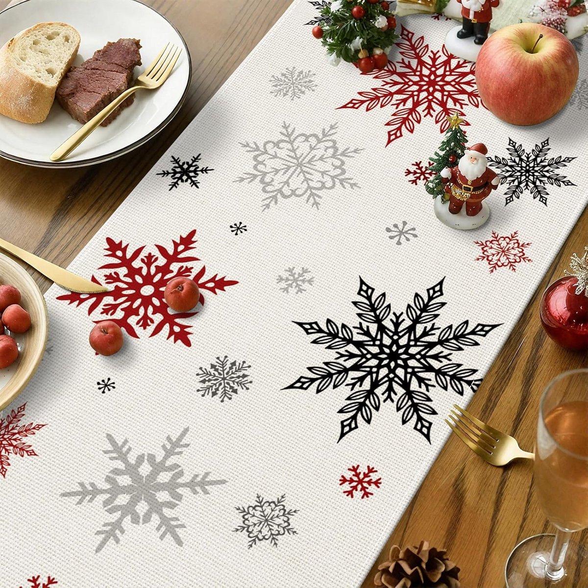 Tafelloper Kerst Sneeuwvlokken & Sneeuwpop Rood - Wasbare Tafeldecoratie 40x140 cm