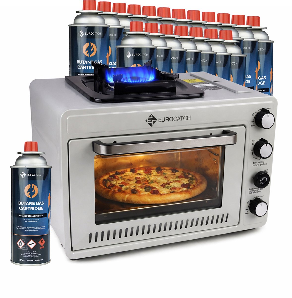 Eurocatch Draagbare Gasoven op 227 g Gasbusjes - Camping Oven met Brander - 25,2 Liter - 2,1 kW - Elektronische Ontsteking - Outdoor & Thuisgebruik - incl. 20 gasbusjes