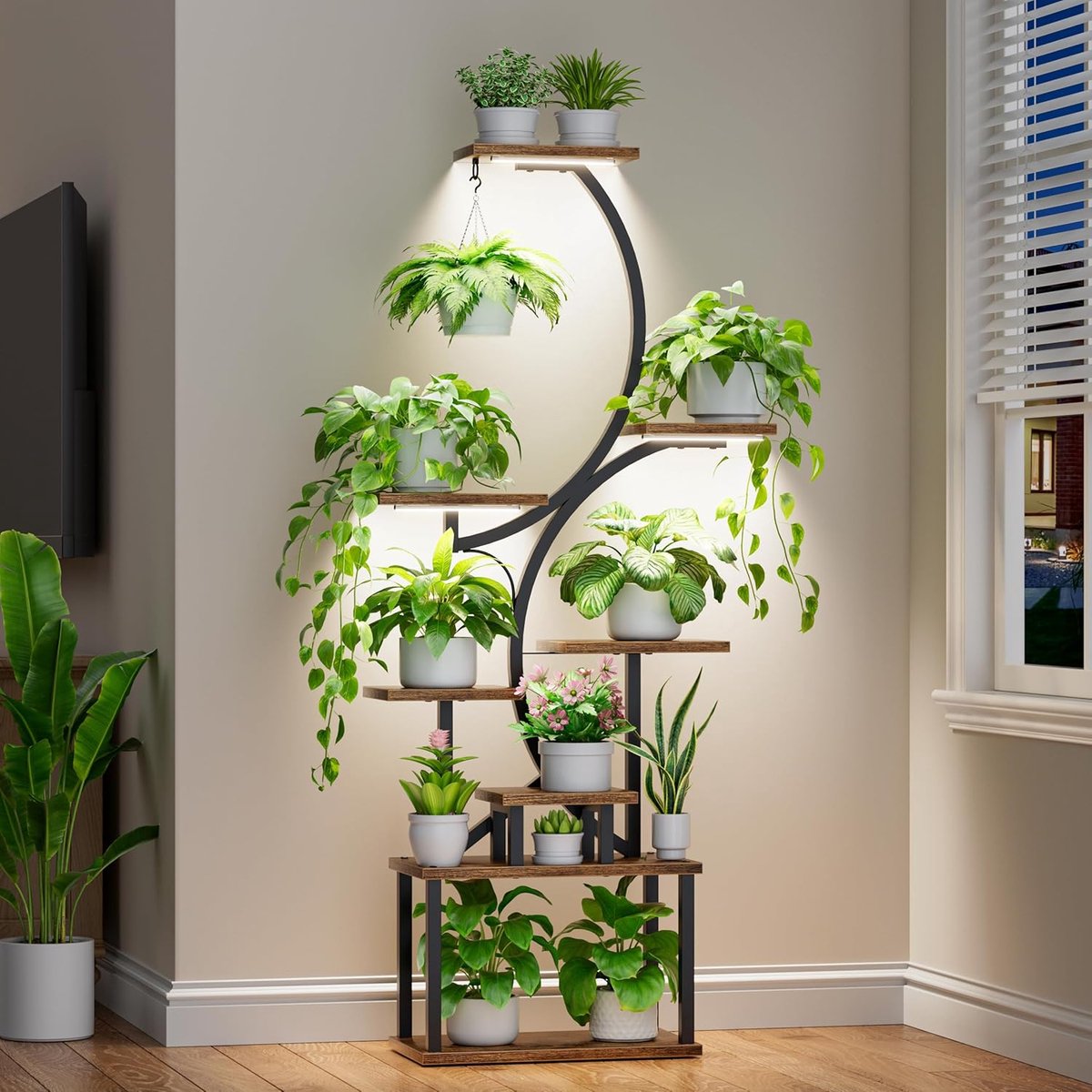 MELVRA Plantenstandaard met Kweeklampen – 157,5 cm Hoog – 8 Lagen – S-Vormig Plantenrek – Verlicht Hoekrek voor Binnen – Zwart