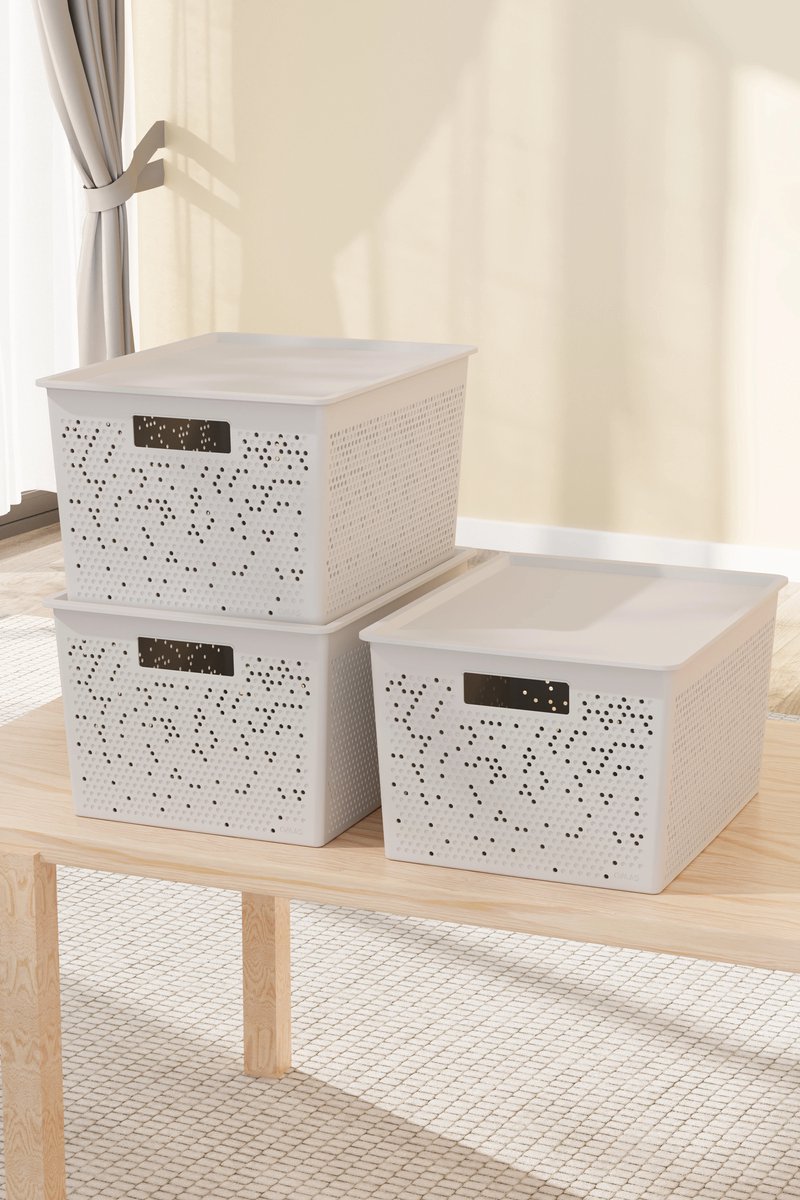 Tobeyz Opbergdozen 20L – Kunststof Opbergbox | Set van 3 | Optimale Ventilatie | Modulair Stapelbaar Systeem | Geïntegreerde Handgrepen | BPA-vrij Gerecycled Plastic | 30×40×22 cm | Wit