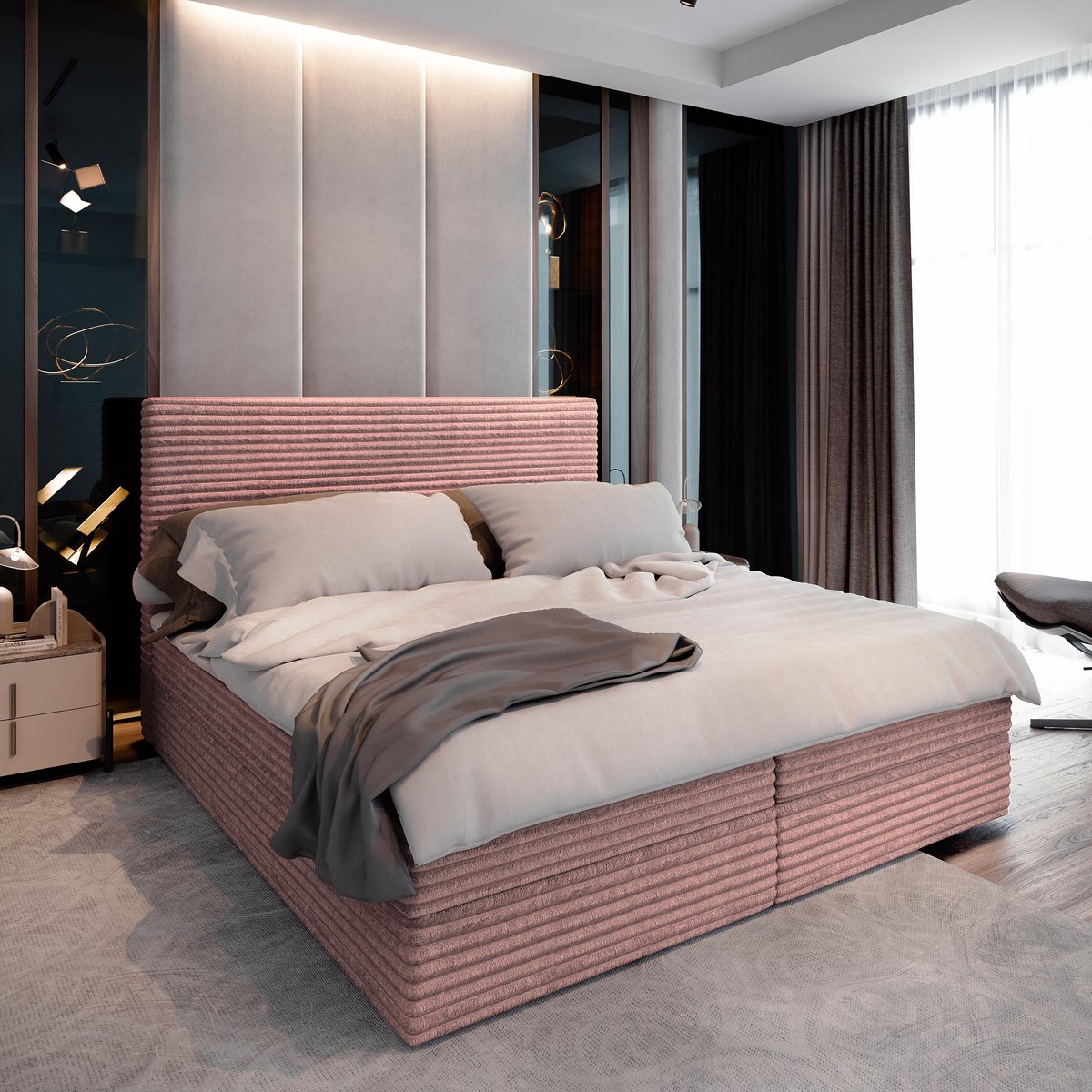 Boxspring PISA 140x200 cm met matras en topper, bedkasten - Roze