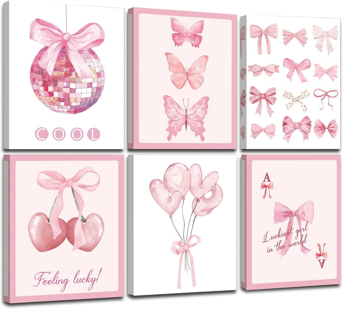 Set van 6 Ingelijste Roze Strikken Wanddecoratie - Esthetische Slaapkamer Kunst voor Meiden en Studentenkamers