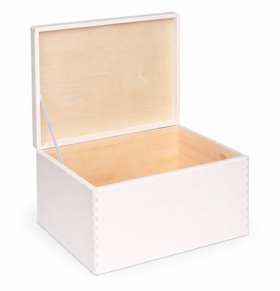 Open witte houten kist met pen-en-gatverbindingen en een lichtgekleurde houten binnenkant.