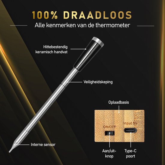 Draadloze thermometer met RVS staaf, zwarte handgreep en gedetailleerde weergave van oplaadbasis met knoppen en poorten.