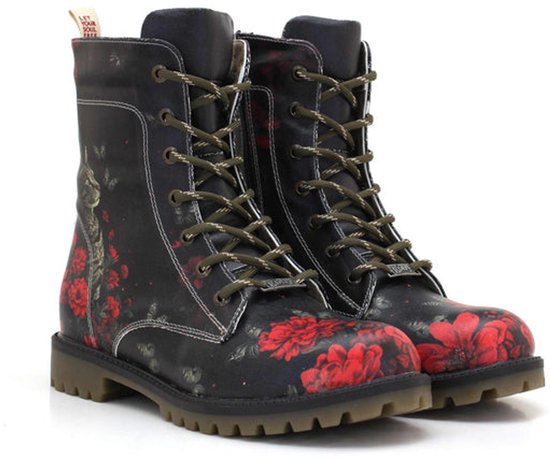 Bottes à Lacets Goby Femme – Imprimé Floral Rouge – Cuir Végan Handgemaakt – Bottes Femme Confortables – Taille 39