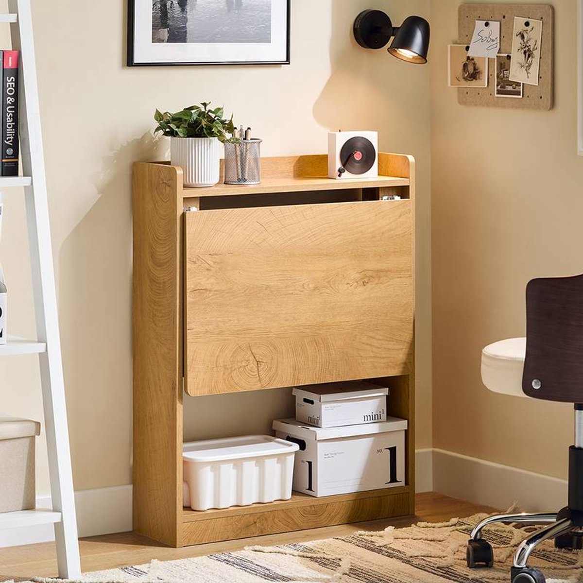 Opvouwbare Wandcomputertafel met Planken – Natuurlijke Afwerking – 64 x 58 x 82 cm – Bureau & Opbergoplossing – Kantelbeveiliging