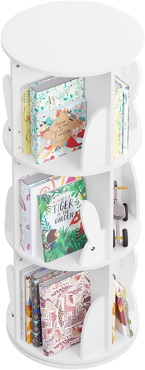 Azomor® Draaibare Boekenkast voor Kinderen – 3 Niveaus – Vrijstaand Kinderboekenrek – Speelgoed- en Boekenrek – Wit