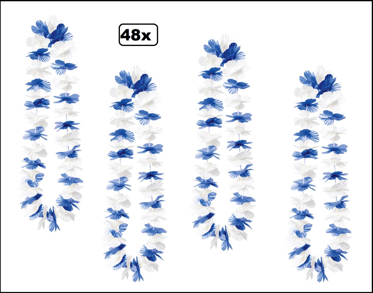 48x Hawai slinger blauw/wit - bloemenkrans - Thema feest hawaii krans huwelijk