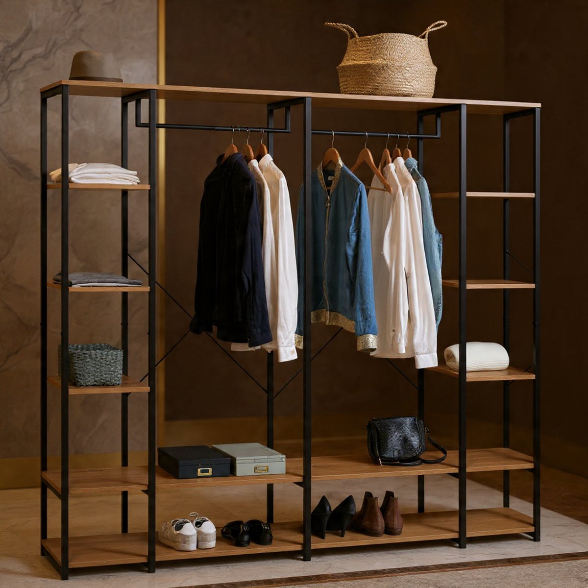 Modularer Begehbarer Kleiderschrank – Dubbele Garderobe en Opbergkast – Industriële Detroit Stijl – 180 cm Hoog – Praktische Opbergruimte en Stijlvol Ontwerp - House&Garden