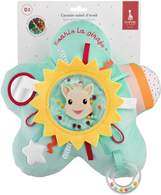 Sophie de giraf Activiteitenkussen Zon - Zintuiglijk Baby Speelkussen met Spiegel, Rammelring, Textuurlintjes & Zachte Elementen - Perfect voor Tummy Time en Onderweg - Lichtgewicht - Vanaf 0 Maanden (30x15x33 cm) van Merkloos — afbeelding 3
