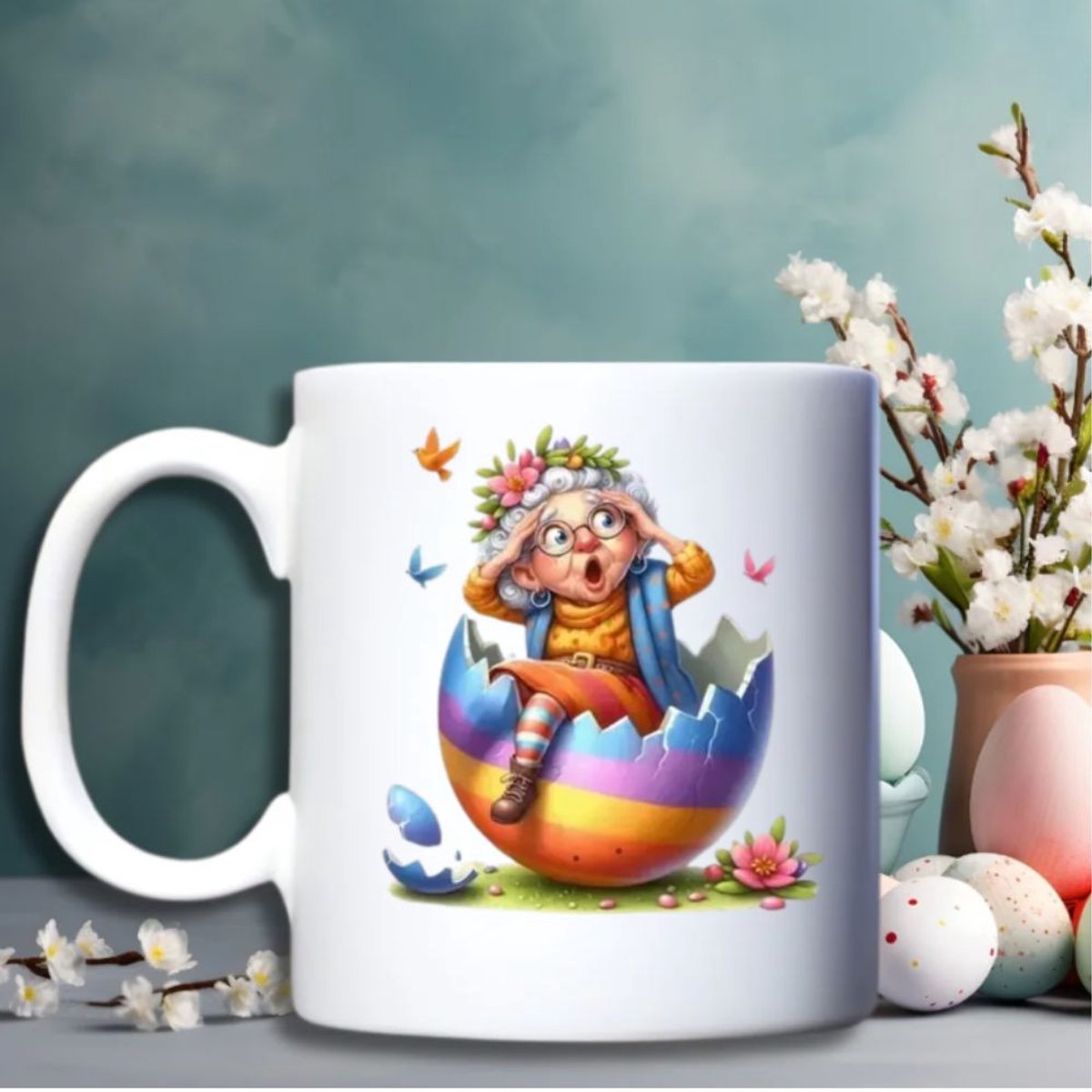 Grappige Paas Mok – “Happy Easter” – Schattige Oma en Paashaas – Keramische beker 330 ml – Cadeau voor Pasen
