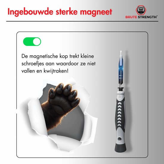 Een beerpoot doorbreekt papier om de magnetische kop van een schroevendraaier te tonen.