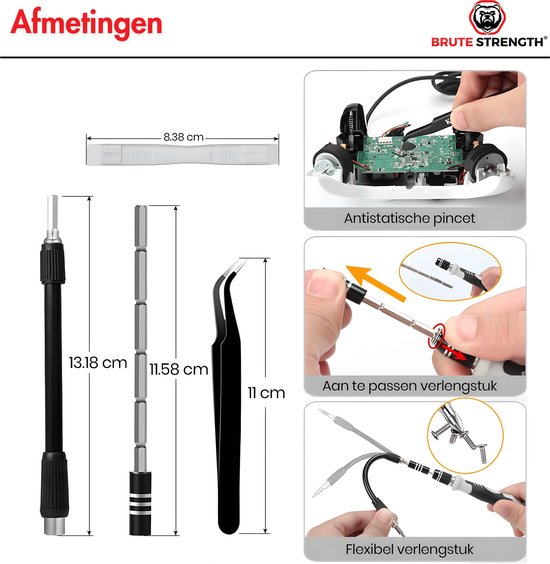 Afmetingen van diverse gereedschappen, waaronder precisiepincet, verlengstukken en een schroevendraaier.