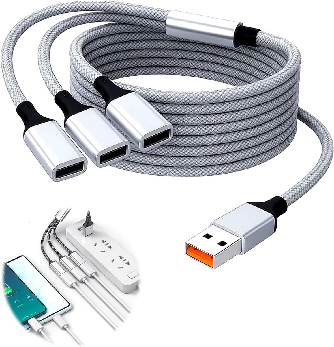 USB Hub Splitter 1 naar 3 Aansluitingen met 2 Meter Kabel voor Gegevensoverdracht