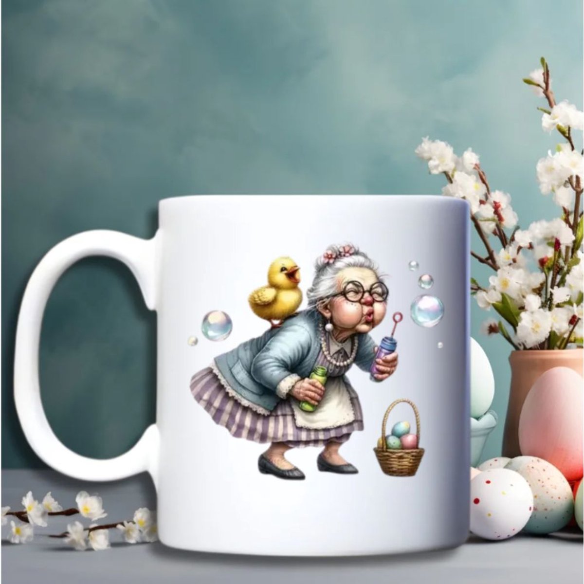 Grappige Paas Mok – “Happy Easter” – Schattige Oma en Paashaas – Keramische beker 330 ml – Cadeau voor Pasen