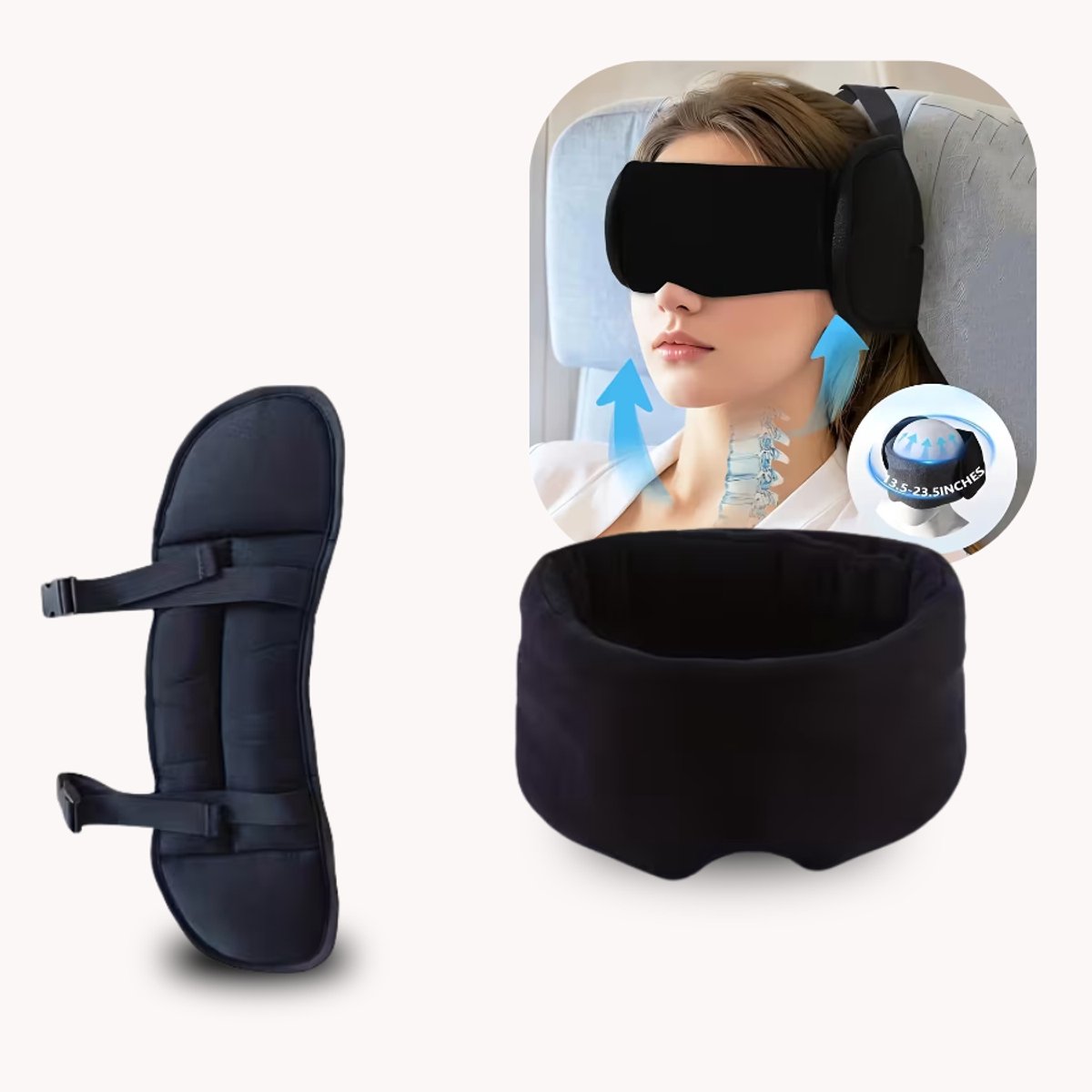 Mainius® Reiskussen met Slaapmasker – 2-in-1 Neksteun voor Vliegtuig, Auto & Trein – Verstelbare Hoofdsteunband voor Stoel/Zetel – Zacht & Opvouwbaar – Zwart