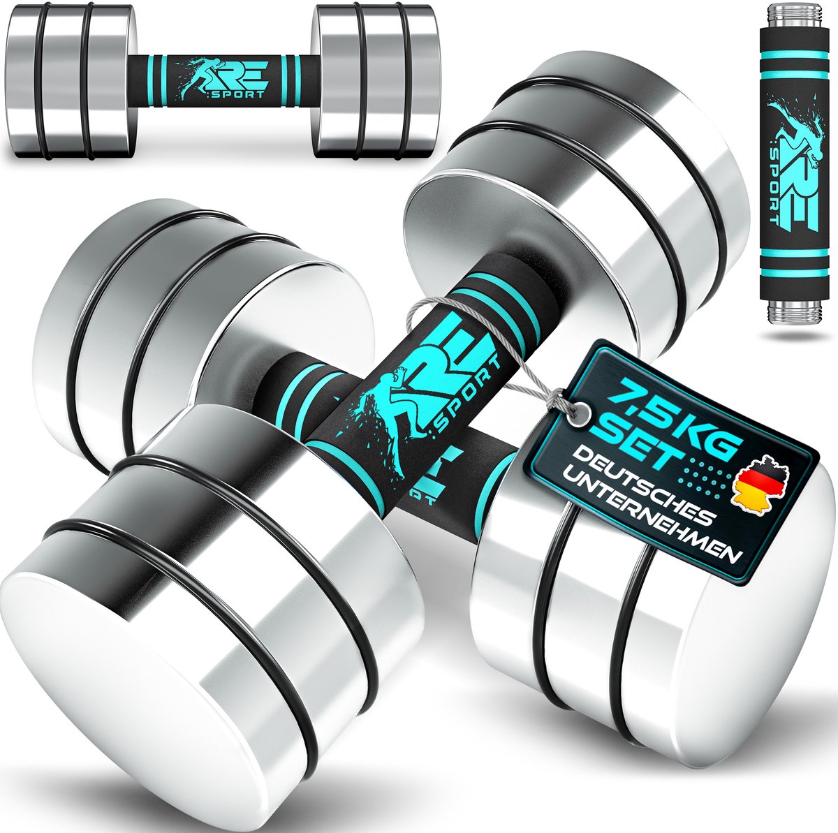 RE:SPORT Set van 2 halters van massief staal, 2,5/5/7,5/10 kg, korte halter met gewichten en schuimrubberen handgreep, fitness, korte halters, thuisgym, krachttraining en spieropbouw (turquoise, 2 x7,5kg)