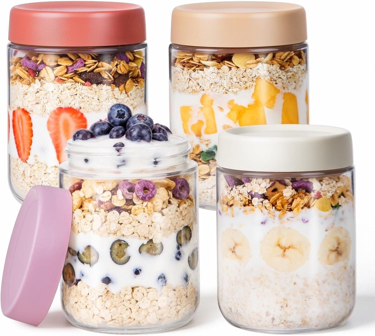 SNJY® Overnight Oats Potjes - Glazen Potjes met Deksel - Mason Jar - Weckpot - 4x500ml - Transparant