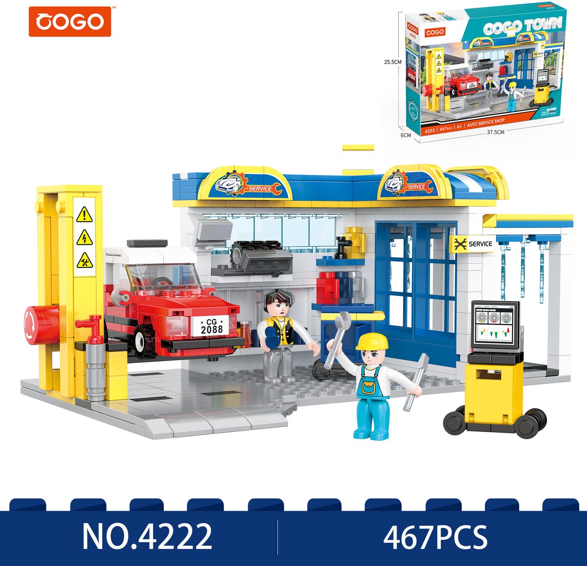 COGO Auto Service Shop – Bouwset 4222 – 467 Stuks – Speelgoed Garage met Auto & Monteurs – Vanaf 6 Jaar