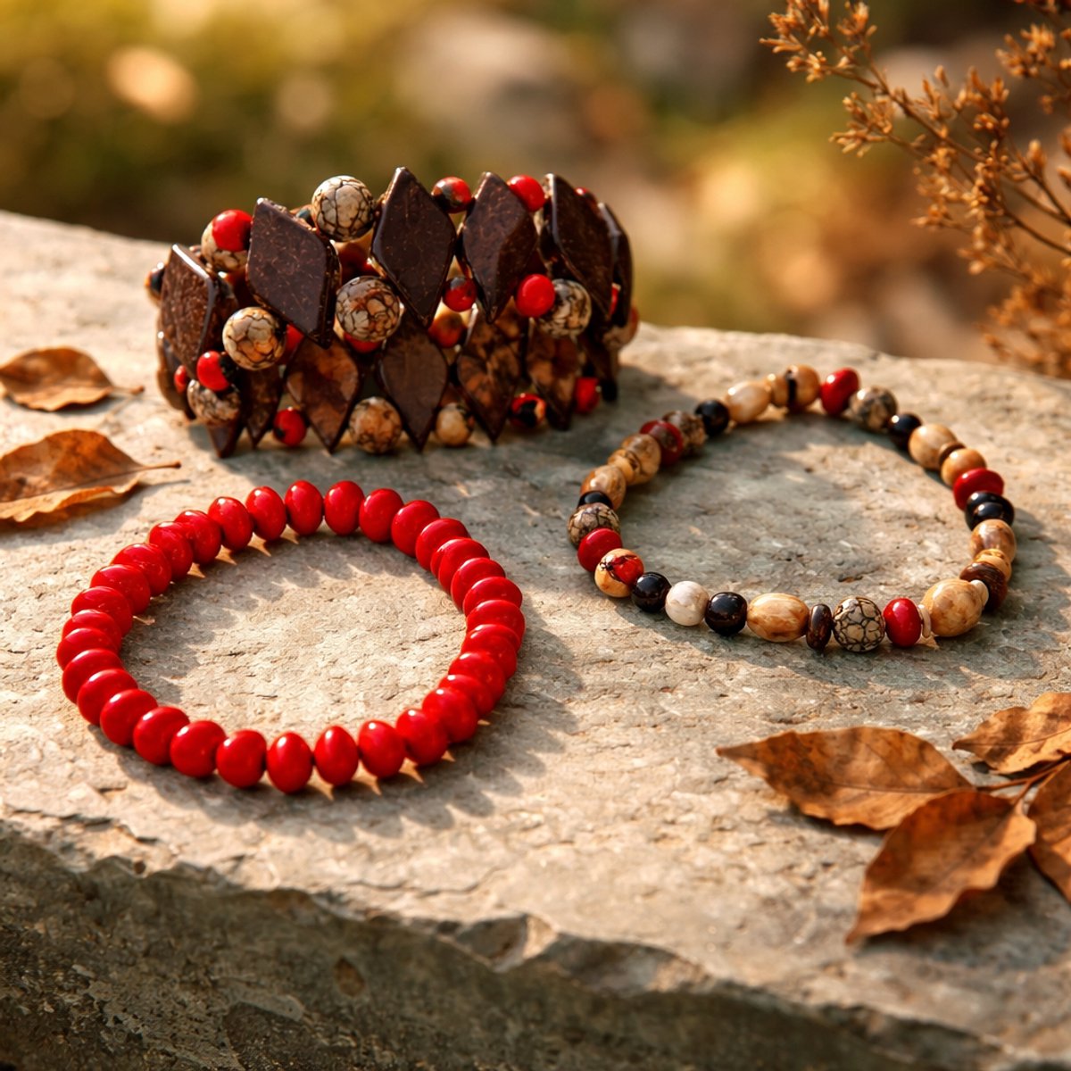 Armbanden handgemaakt (fairtrade) o.a. gemaakt van zaden – set van 3 – zuid Amerika sieraden – Amazone gebied - in geschenkverpakking – uniek cadeau - fairtrade