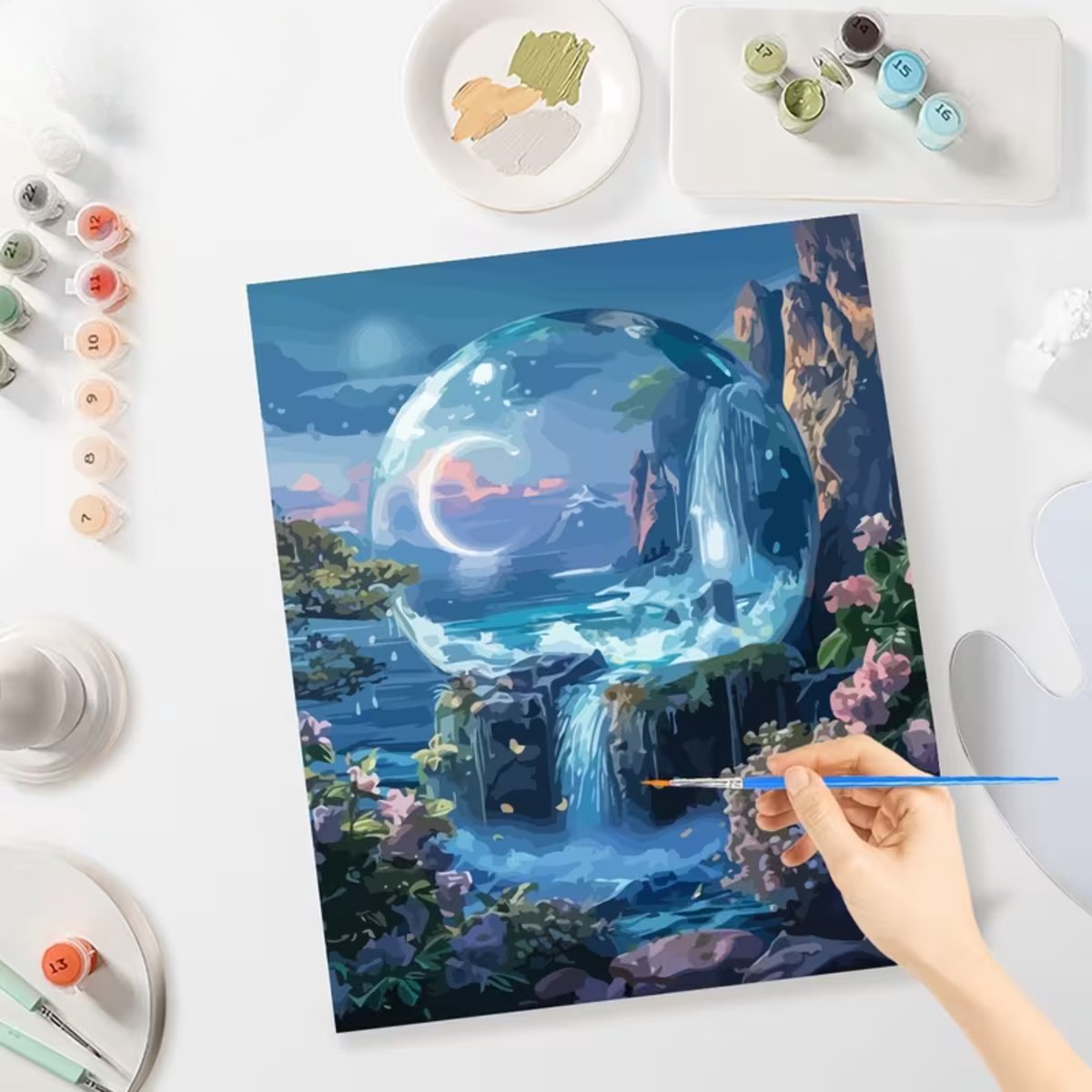 Nalovi - Schilderen op nummer - Op doek - Waterval in maanlicht - 50x40 Schilderpakket - Voor volwassenen - Inclusies verf en penselen - Hobby voor thuis - Rustgevend — afbeelding 2
