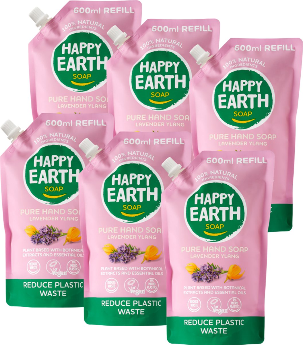 Happy Earth Bundel Handzeep Navulling Lavender Ylang - 100% Natuurlijk - Microplasticvrij - Refill - Antibacterieel – Plantaardige formule - 0% SLS/SLES of parabenen – Heerlijke geur – 6 x 600 ml – Voordeelverpakking