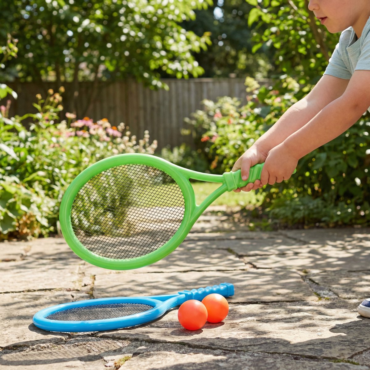 Eddy Toys tennis playset 4-delig - 2 rackets en 2 ballen - kunststof - geschikt voor padel en tennis - blauw, groen en rood - 30 x 14,3 x 1,5 cm - 2 jaar garantie