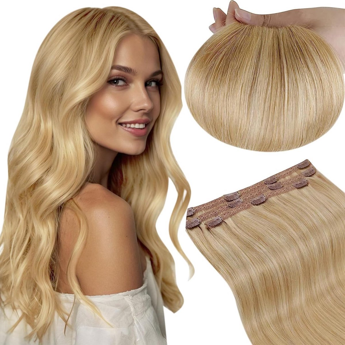Glanzende Clip-in Haarverlengingen Echt Menselijk Haar Goudblond