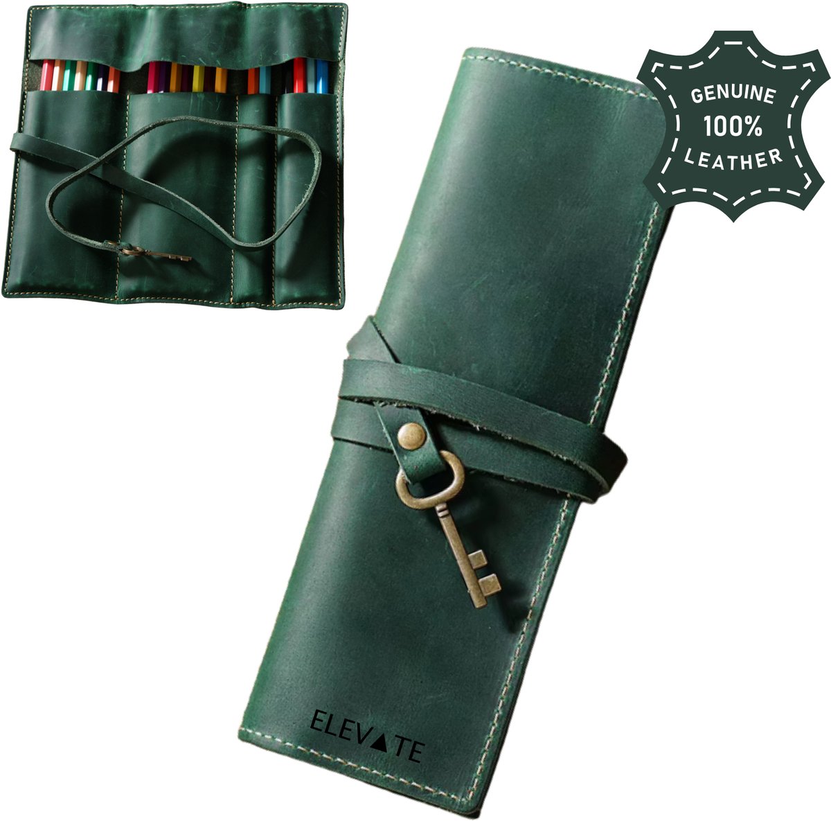 ELEVATE® Leren Pennen Etui Rol – Echt Leer Pennenetui – Premium Pen Organizer – Vintage Pencil Roll – Groen