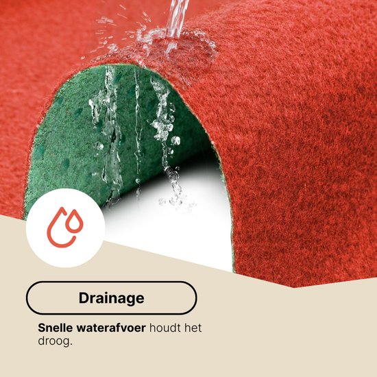 Water druppelt door rode kunstgras met groene onderkant. Tekst: Drainage.