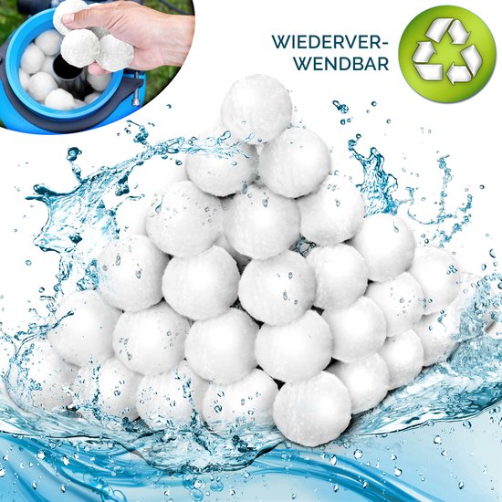 Een piramide van witte filterballen met water dat eromheen spat. Een hand vult ze in een blauwe filter.