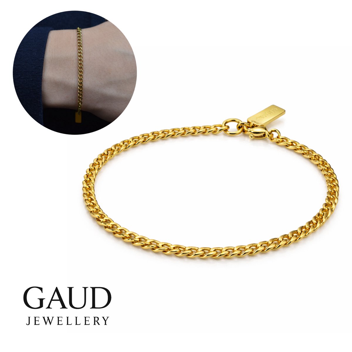 Schakelarmband GAUD – Goudkleurig Stainless Steel – 3 mm – 17 cm – Hypoallergeen – Inclusief Cadeaudoos