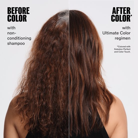 Voor en na foto van haar: links droog, pluizig haar met grijze uitgroei, rechts glanzend, verzorgd bruin haar.