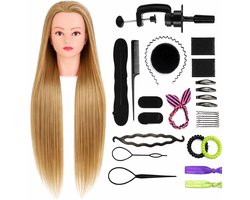 Kappershoofd Oefenhoofd Kapperspop met Statief en Styling Accessoires - Kappers Hoofd - Blond Haar - 70 cm