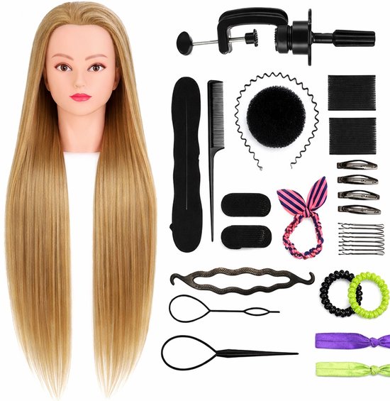 SassyGoods Kappershoofd Kappop Kapperspop Kaphoofd Oefenhoofd met Statief en Styling Accessoires - Blond Haar - 70 cm