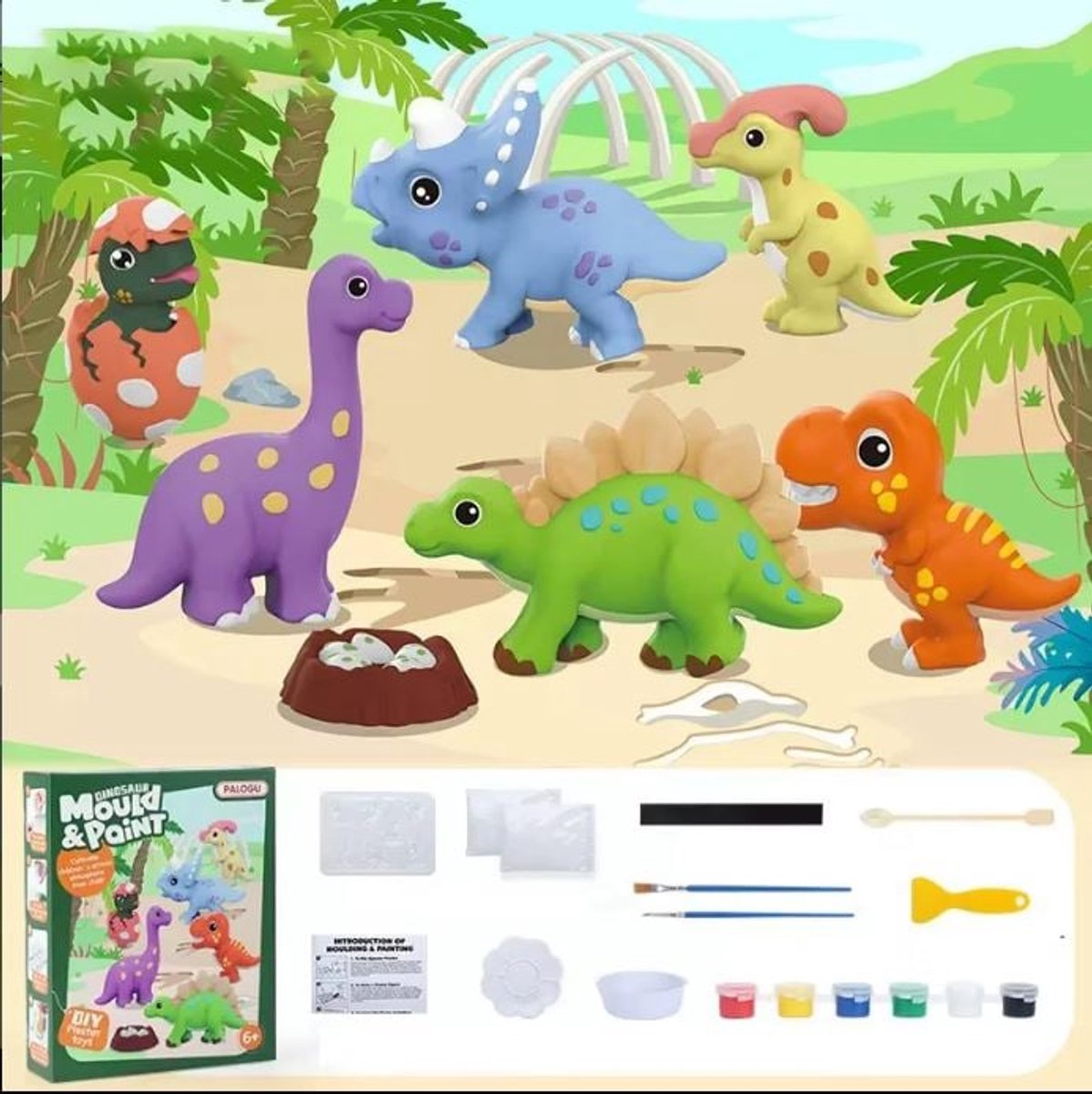 hobbypakket - gips gieten met figuren - knutsel set / verf en toebehoren met magneet - Dino's
